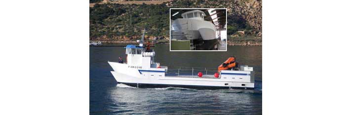 Catamaran for fish farming purpose during sea trials and testing. We can see in picture-in-picture the same boat during construction in MERCURIO PLASTICS boat yards.